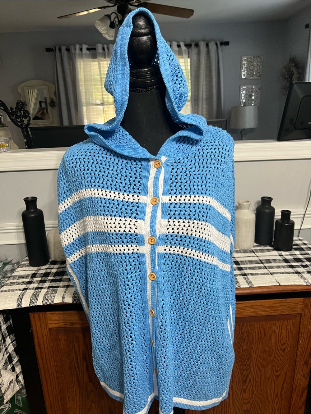 Talbots Hooded Blue & White Knit Sweater Poncho NWT